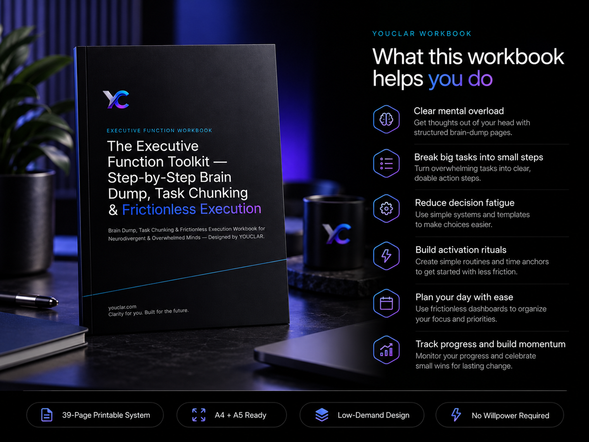 The Executive Function Toolkit | Brain Dump, Task Chunking & Frictionless Execution Workbook