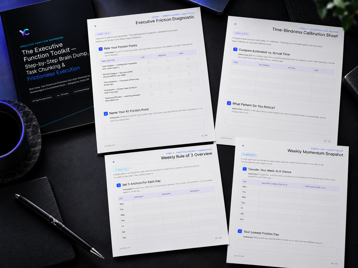 The Executive Function Toolkit | Brain Dump, Task Chunking & Frictionless Execution Workbook